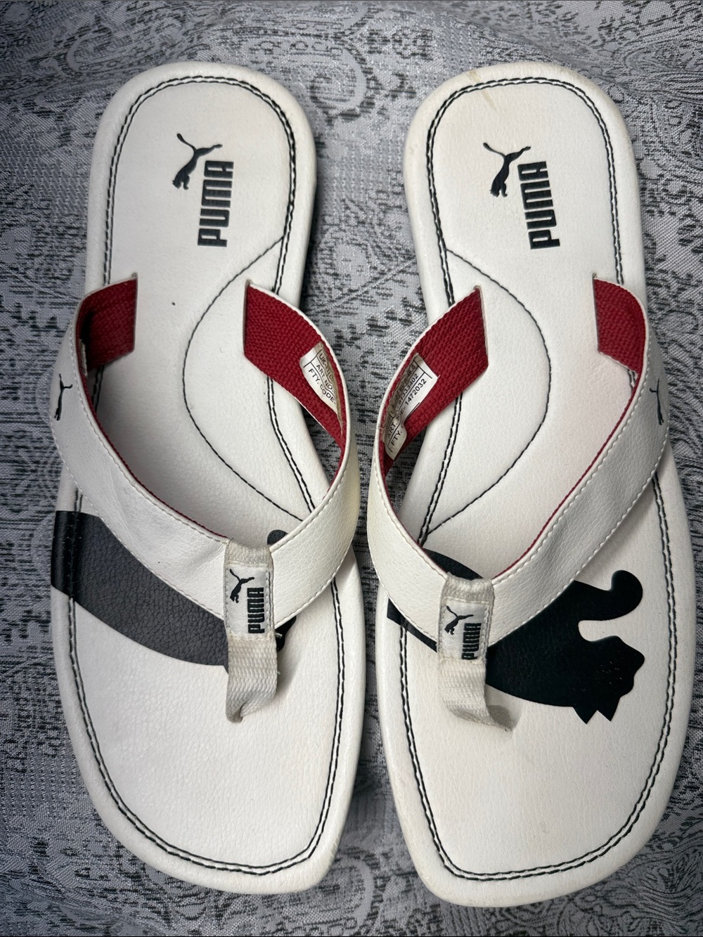 Puma White Flip Flops with Black Puma Print and Red Strap Accents - Size 12